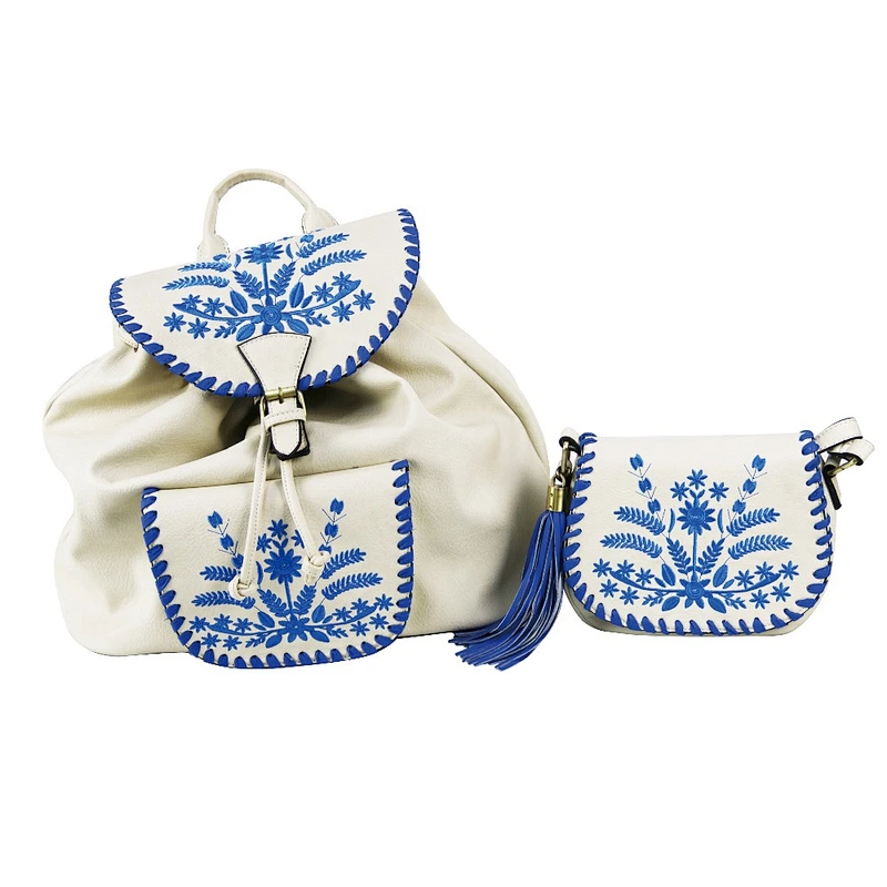 Hotrock Women Embossed White Backpack Crossbody Bags Pu leather Bag Set
