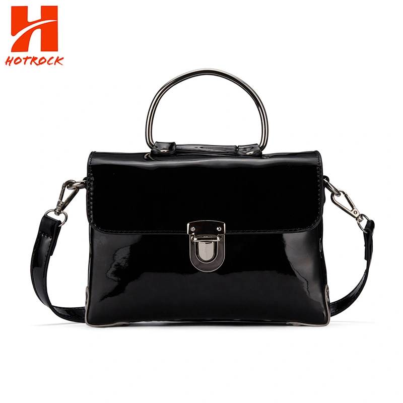 Metal Top Handle Small Patent Pu Leather Satchel Handbags Black Shoulder Bags