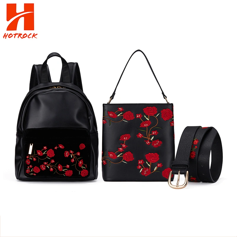 OEM Black PU Leather Floral Embroidered Multi Spaced Ladies Bags Set
