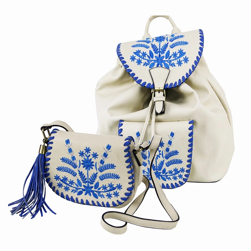 White PU Leather Backpack and Crossbody Bags Embroidery Women Bag Set