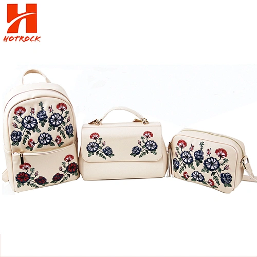 3pcs Embroidered Pink Pu Leather Women bag Set