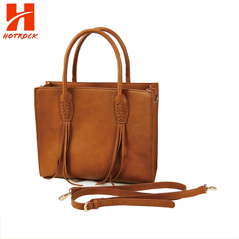 OEM Interlace Pu Braided Plait Tassel Handbags Faux Leather Bags Set for Women