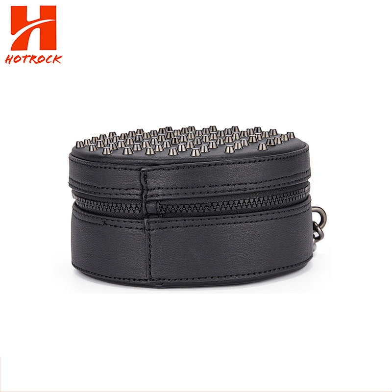 Lady Black PU Leather Crossbody Bags factory direct OEM Rivet Round Bags with Chain