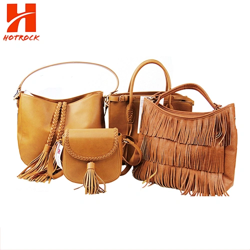 OEM Interlace Pu Braided Plait Tassel Handbags Faux Leather Bags Set for Women