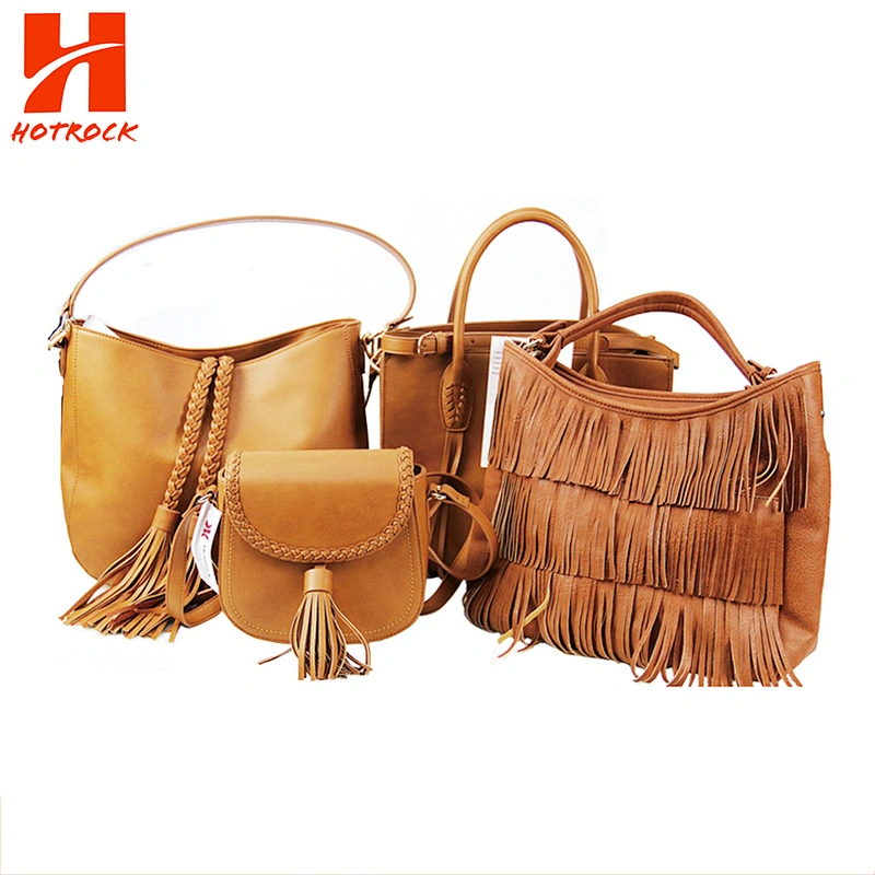 OEM Interlace Pu Braided Plait Tassel Handbags Faux Leather Bags Set for Women