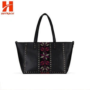 Black Pu Leather Tote Bags China supplier Wholesale Embroidery Rivet women Totes