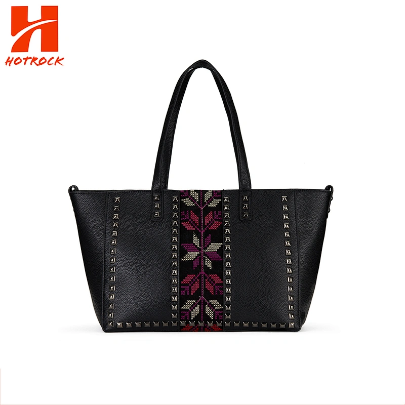 Black Pu Leather Tote Bags China supplier Wholesale Embroidery Rivet women Totes