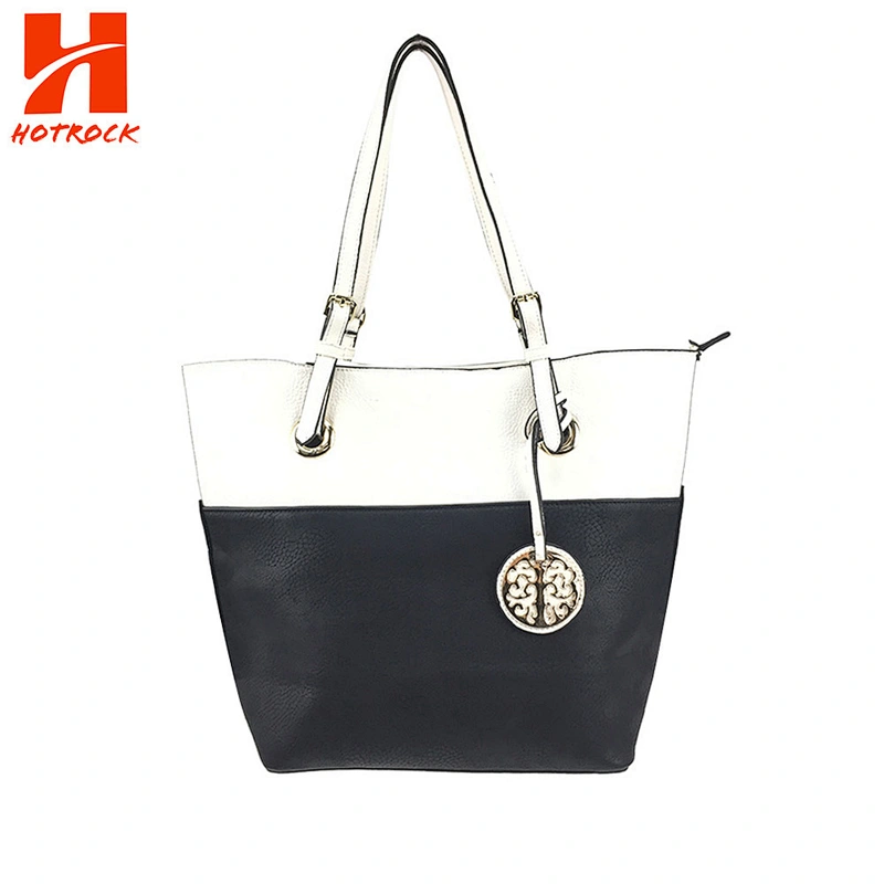 Wholesale White with Black PU Leather Handbags Models Top Handle Women Tote Bags