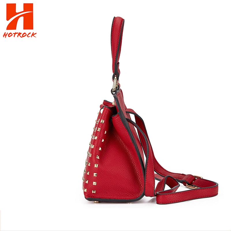 Red PU leather women crossbody bags metal rivet ladies handbags