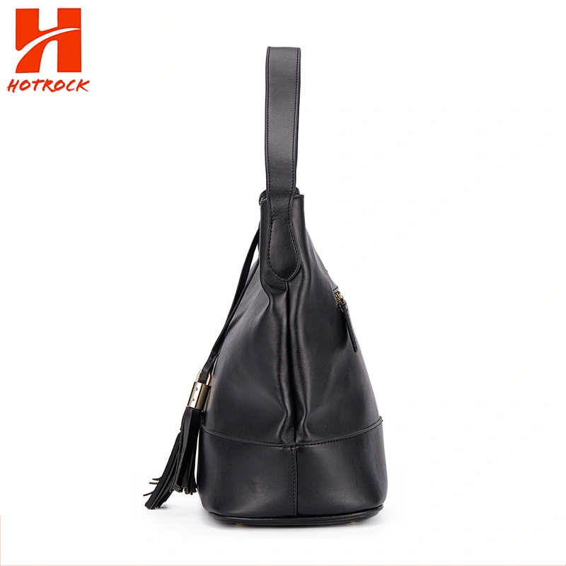 Black Pu Leather women bags faux leather Bucket Tote Bags with tassel pendant
