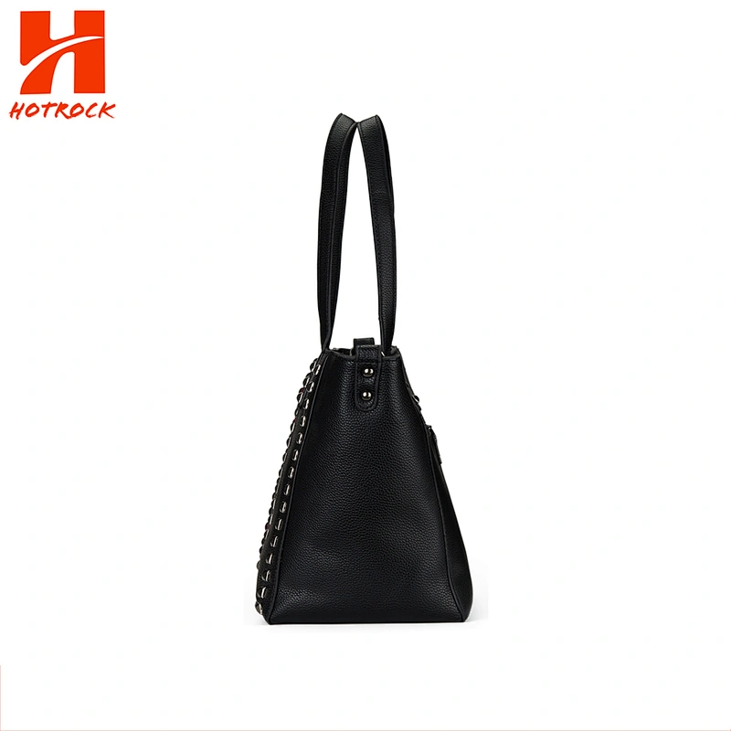 Black Pu Leather Tote Bags China supplier Wholesale Embroidery Rivet women Totes