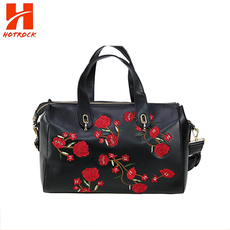 OEM Black PU Leather Floral Embroidered Multi Spaced Ladies Bags Set