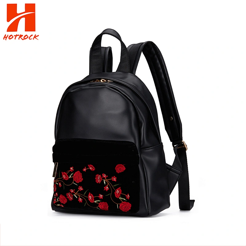 OEM Black PU Leather Floral Embroidered Multi Spaced Ladies Bags Set
