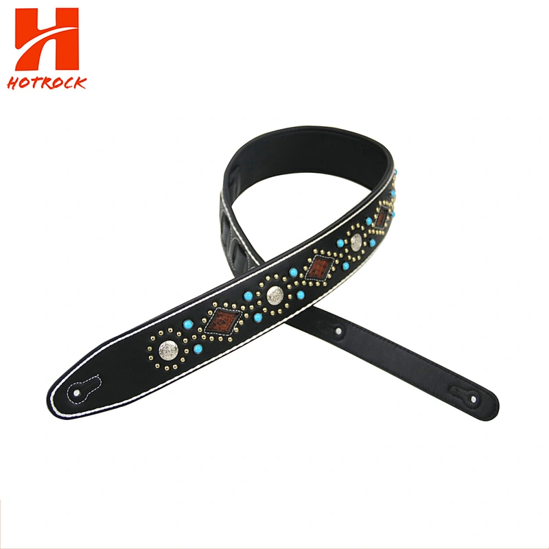 Custom Black Leather Bass Electric Guitar Strap Made In China