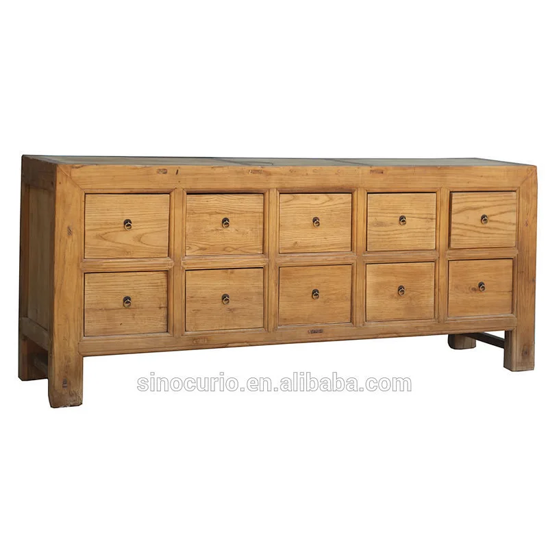 Chinese Antique Recycle Wood Ten Drawer Natural Cabinet