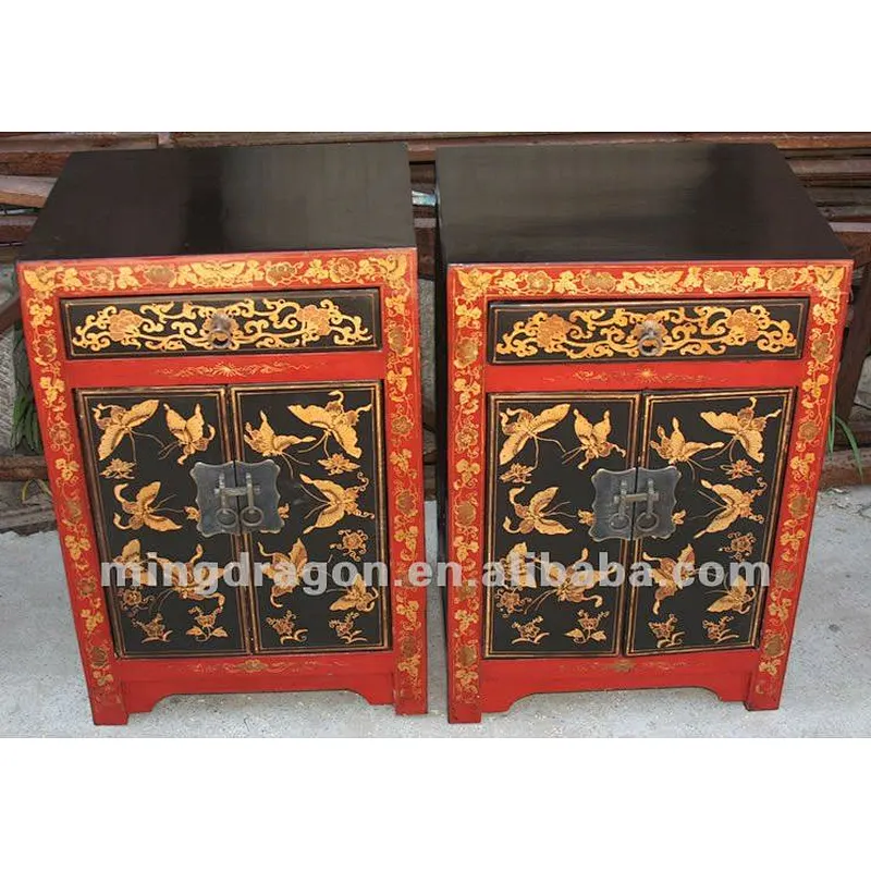Chinese antique furniture Beijing red & black pine wood Bedside Cabinet