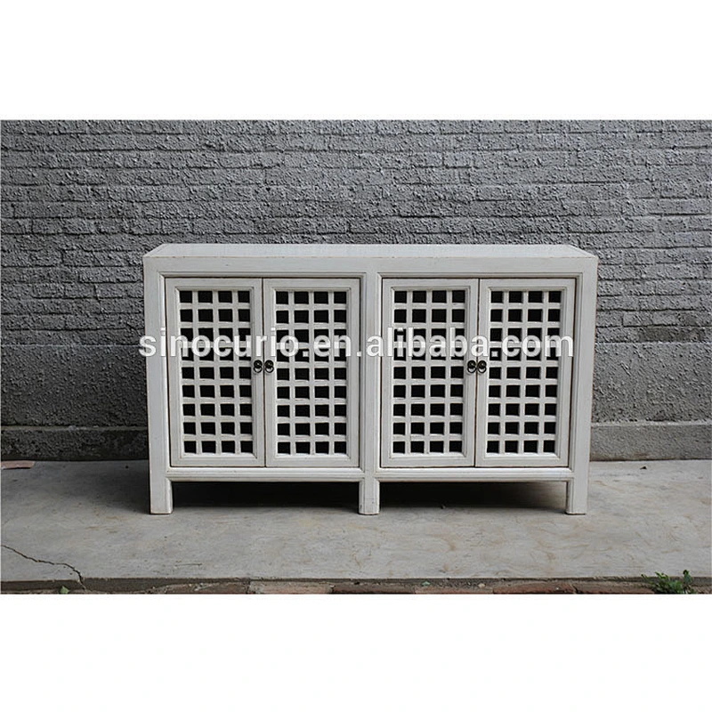 Chinese antique white reproduction living room storage lattice cabinet cheap wholesale furniture china