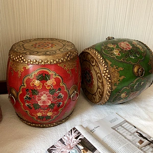 Asian antique lacquered drum classic hand painted art drum coffee table
