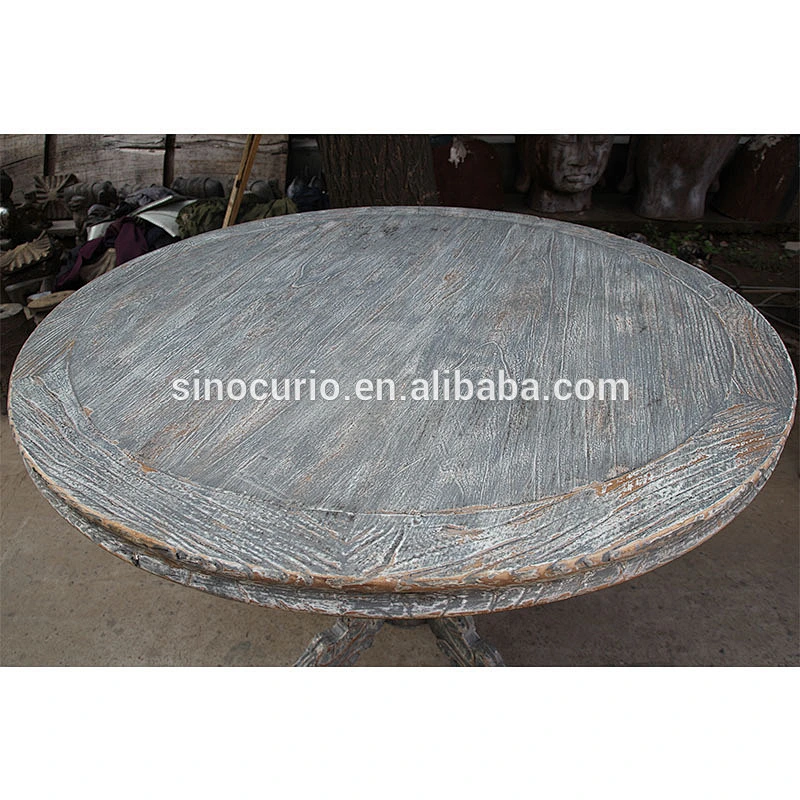 French style round shape reclaimed elm wood dining table solid wood rustic furniture