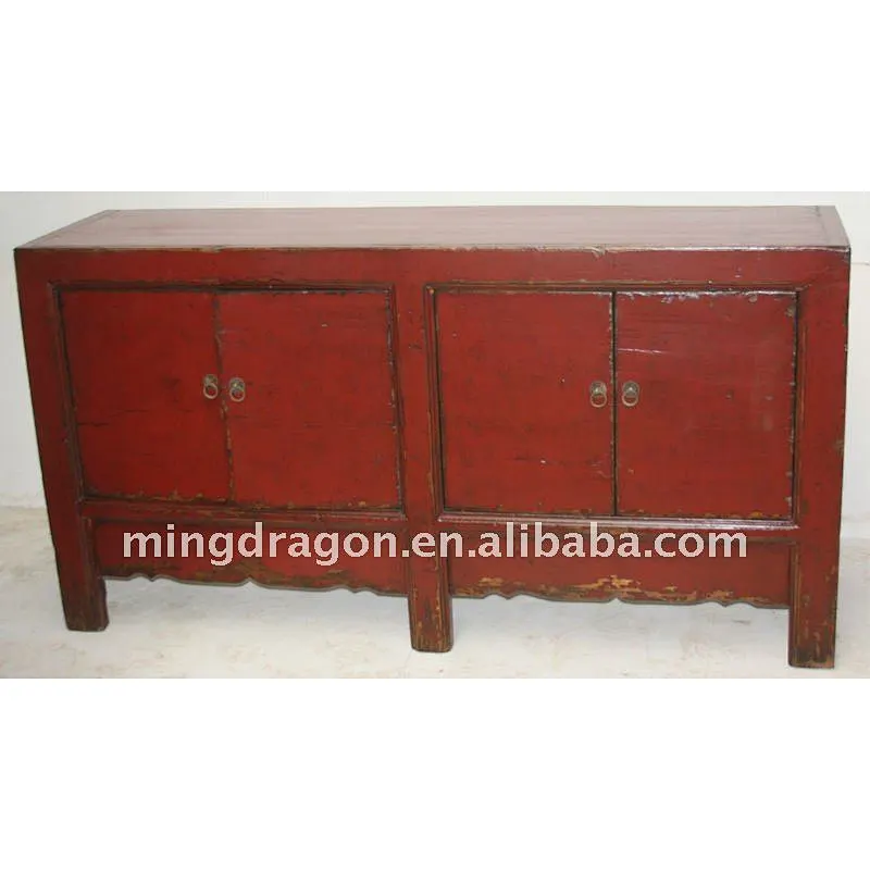 Chinese Antique Red Four Door Cabinet Shoes Kitchen Cupboard