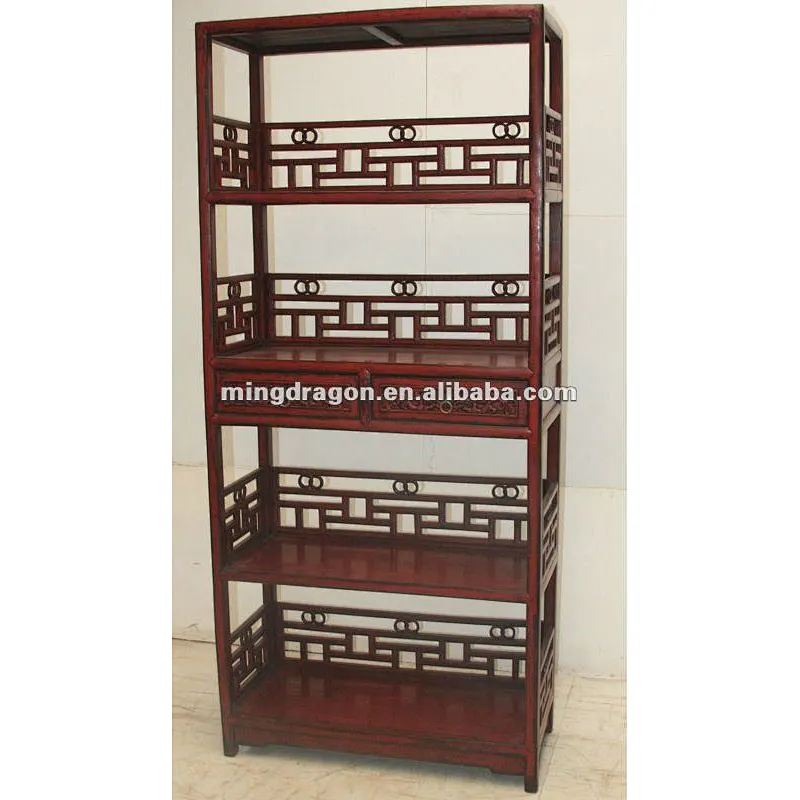 antique Chinese carved red bookshelf