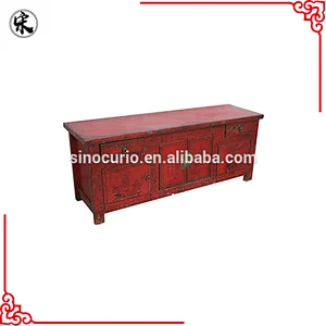 antique old classical living room red rustic hand-painted TV cabinet