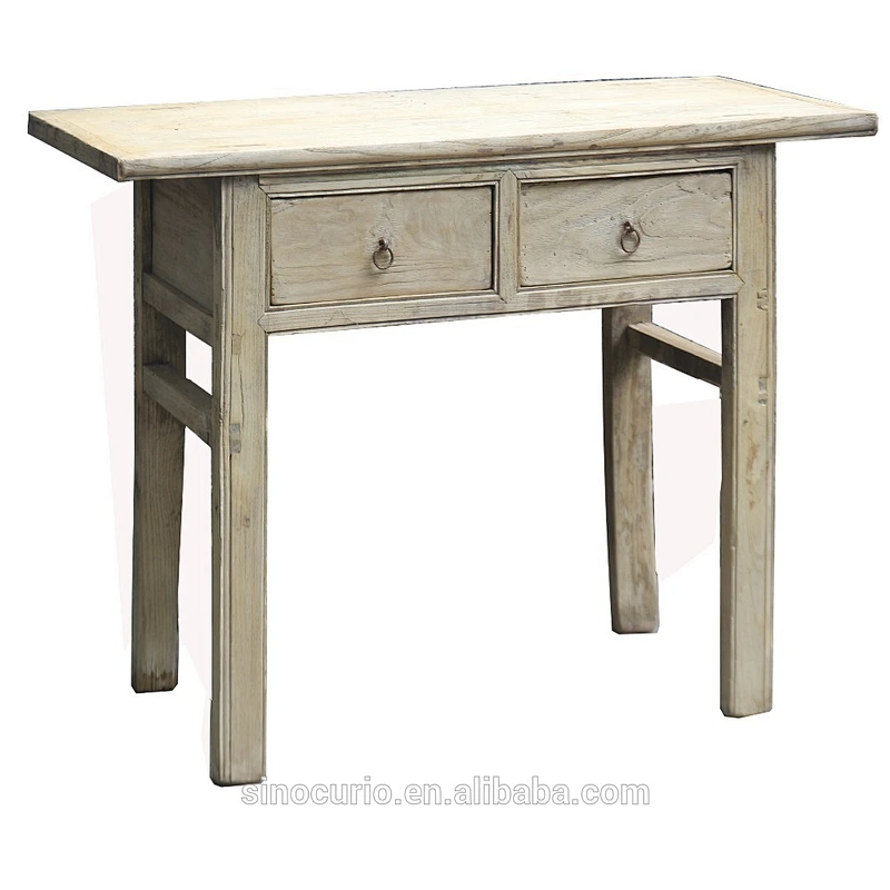 Chinese vintage distressed wood antique natural console table with two drawers