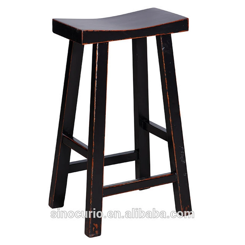 Chinese Antique Style Vintage Concave Wooden Bar Stool