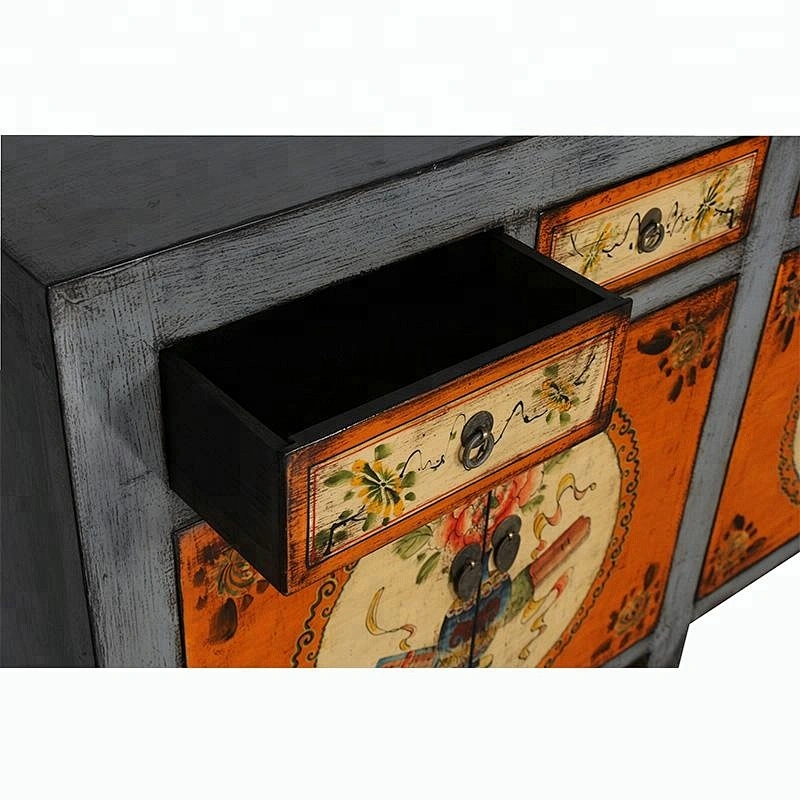 Wholesale Chinese solid wood reproduction hand painted floral cabinet furniture