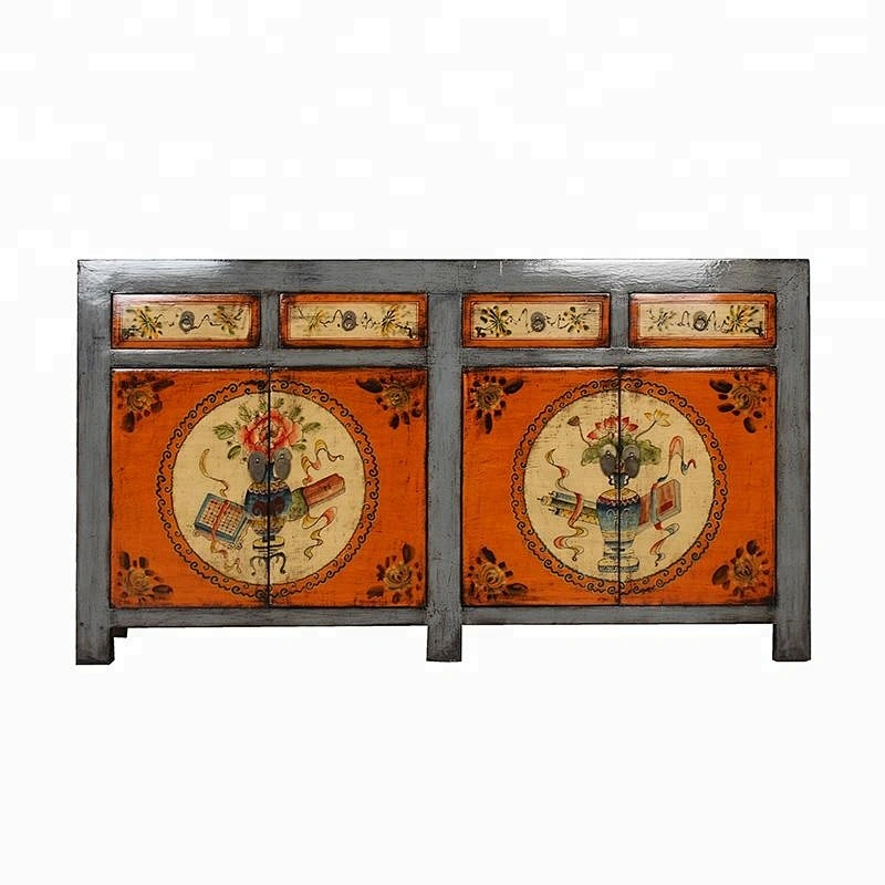Wholesale Chinese solid wood reproduction hand painted floral cabinet furniture