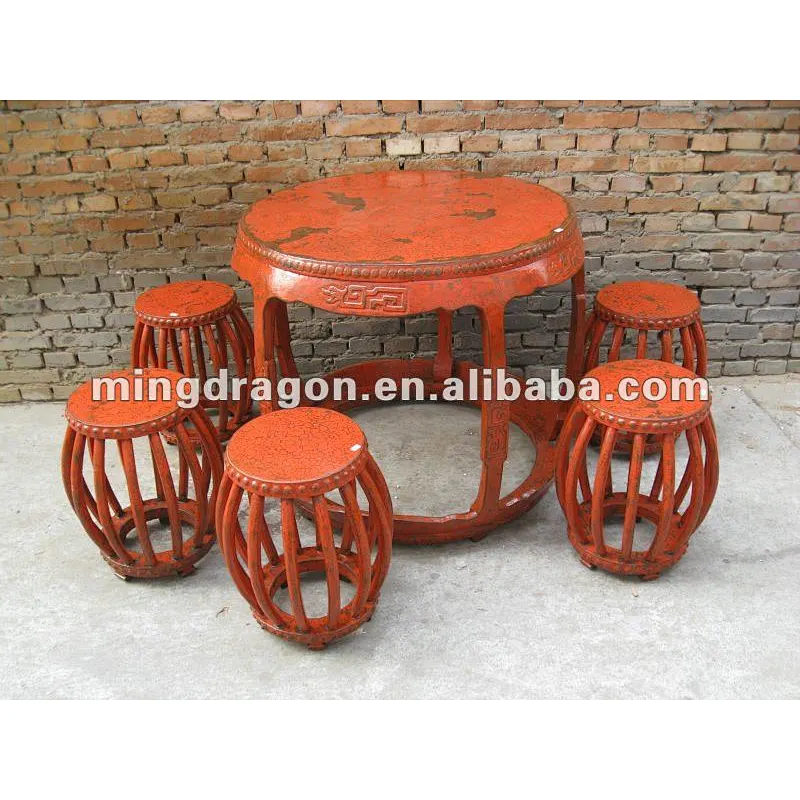 Chinese antique dining wooden table and stool