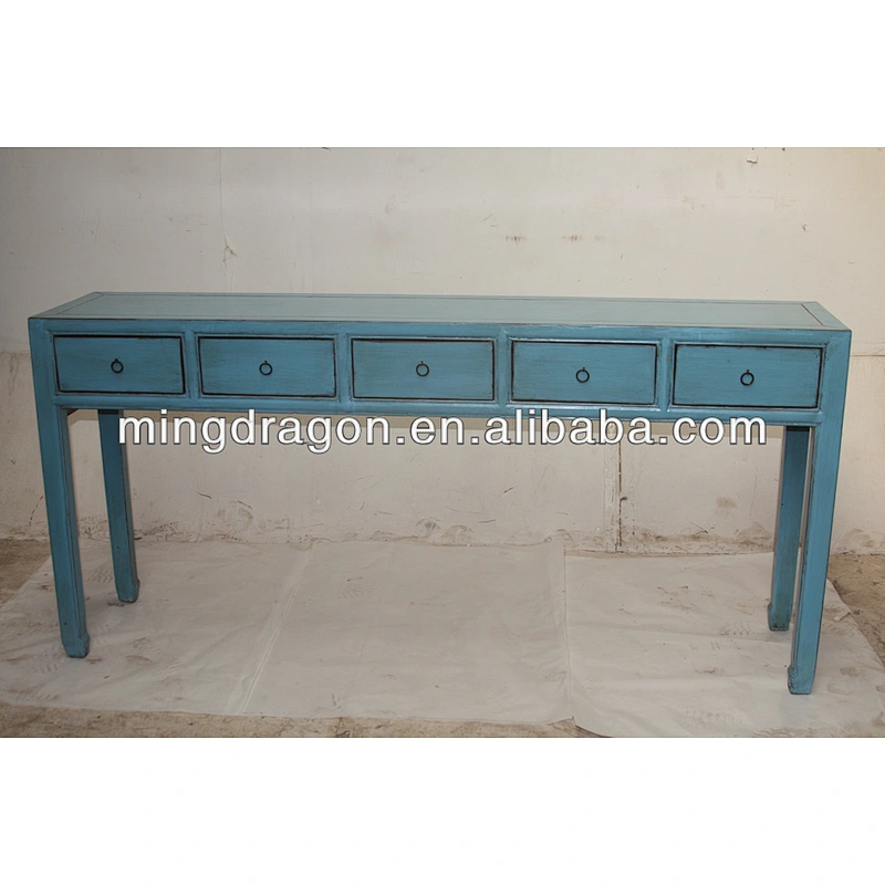 Chinese antique five drawer blue wall console table