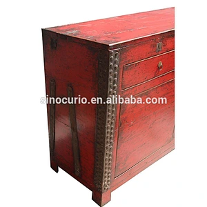 antique Chinese red restoration hall cabinet with iron details for wholesale