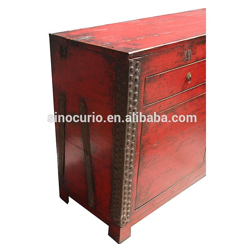 antique Chinese red restoration hall cabinet with iron details for wholesale