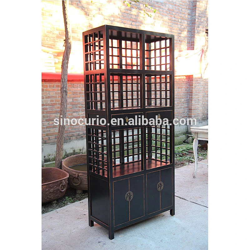 Chinese distressed black reproduction solid wooden living room book shelf showcase