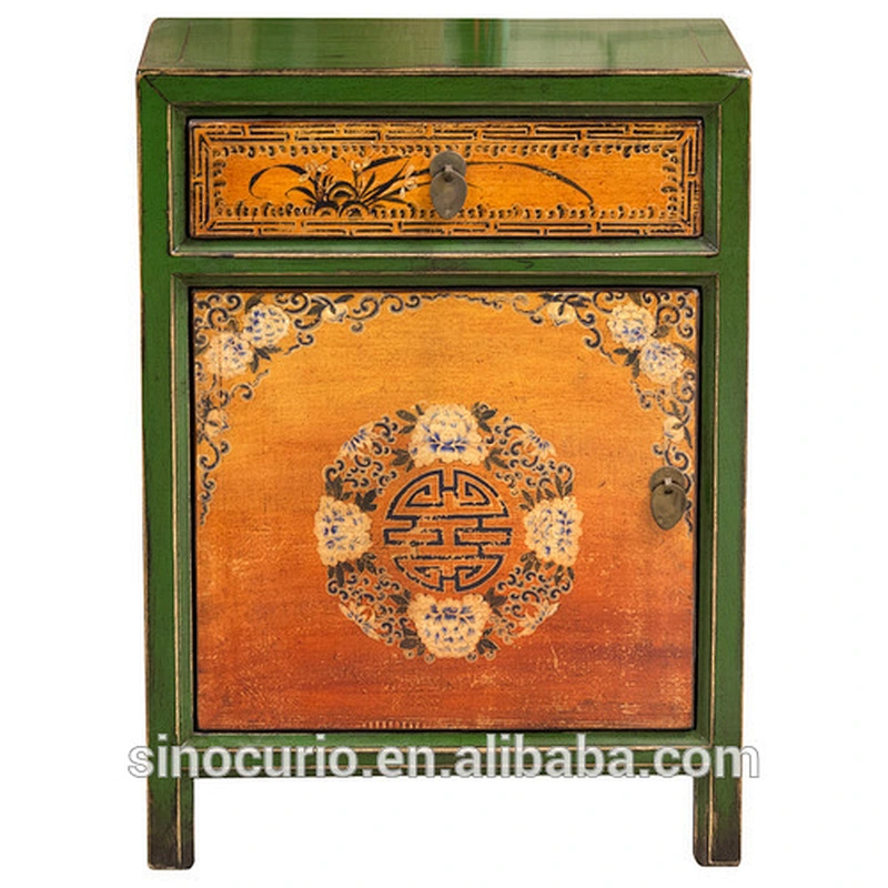 Chinese antique painting wooden nightstand antique bedside table cabinet furniture