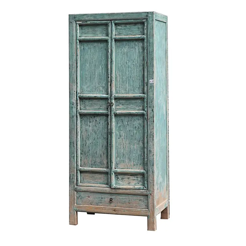 Antique Chinese 18th Century Hand Painted Wardrobe Blue Color Heavy Distressed Wedding Wardrobe