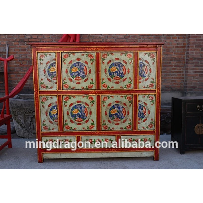 Tibetan Antique Hand Painting Side Table Solid Wood Cabinet