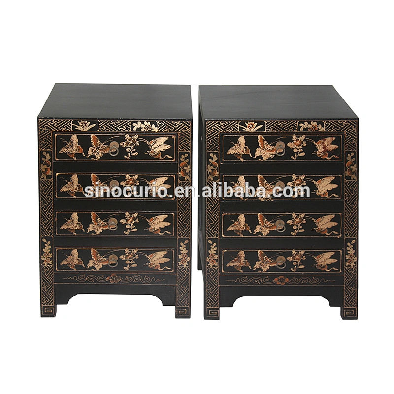 Antique bedroom drawers chest and gold painted bedside table cabinet
