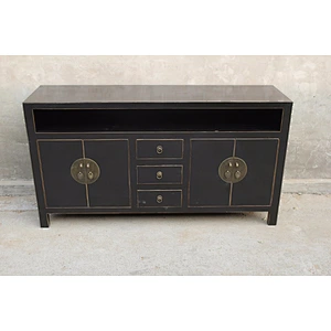 Asian living room distressed black cabinet