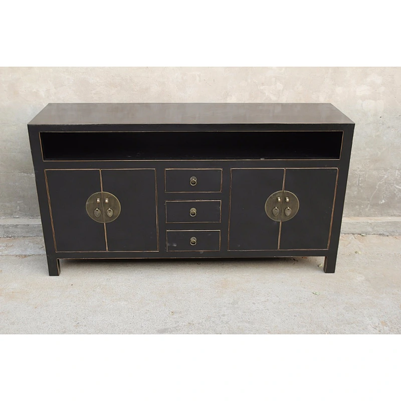 Asian living room distressed black cabinet