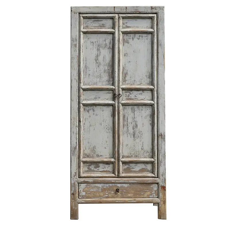 Antique Chinese 18th Century Hand Painted Wardrobe Blue Color Heavy Distressed Wedding Wardrobe