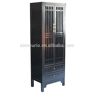 Chinese antique wood tall thin colorful storage closet wardrobe