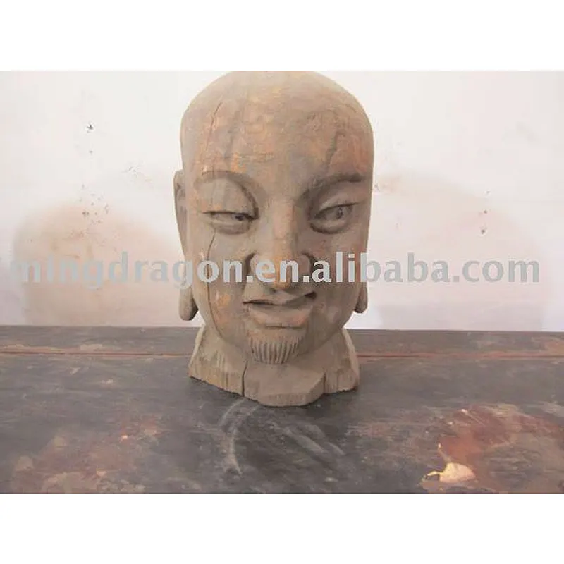 Chinese Antique Wooden Buddha Head Sculpture