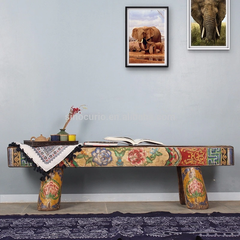 Chinese antique solid wood stool hand painting bench Bed stool