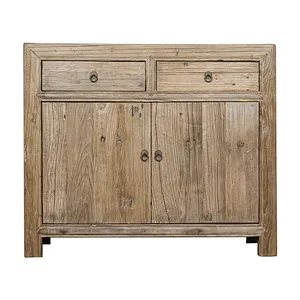 Antique traditional distressed natural reclaimed wood sideboard cabinet