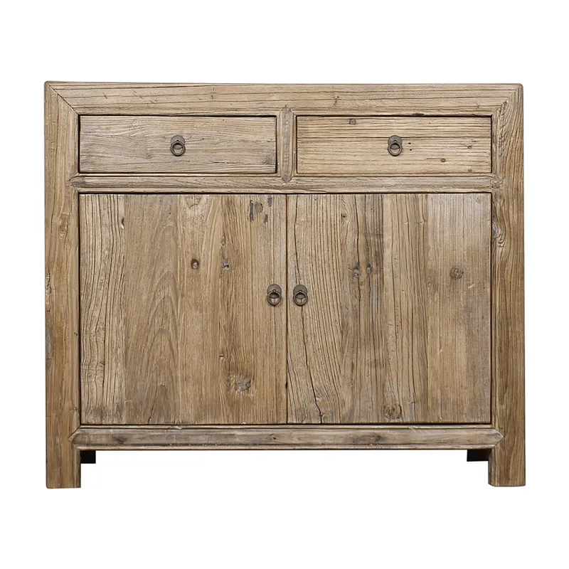Antique traditional distressed natural reclaimed wood sideboard cabinet