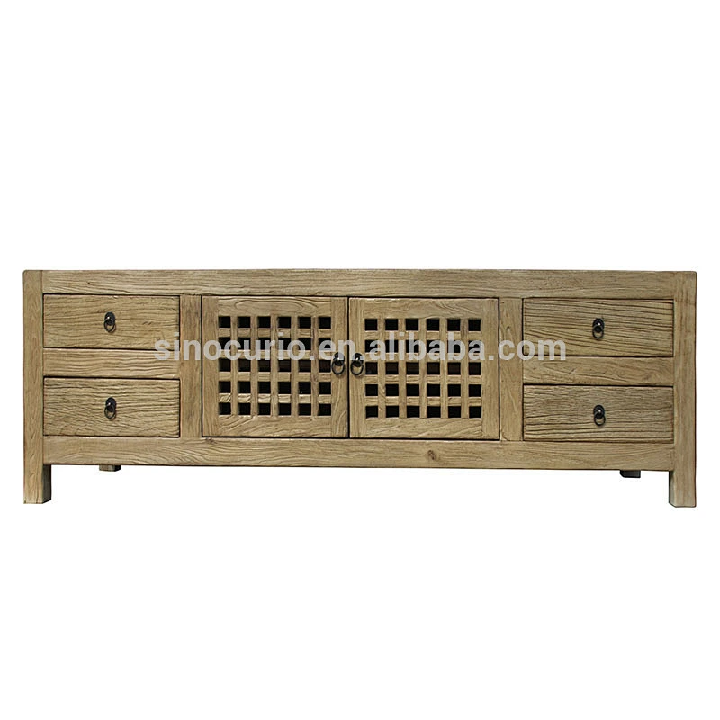 Chinese Antique Natural Polished Furniture Carved Recyclable Elm Wood TV Cabinet