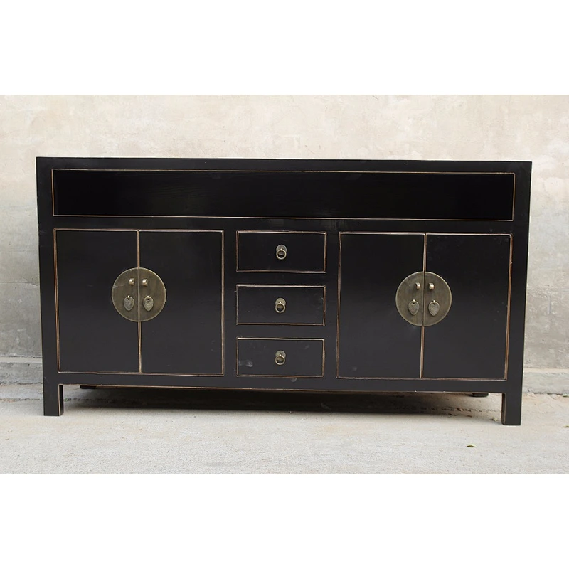 Asian living room distressed black cabinet