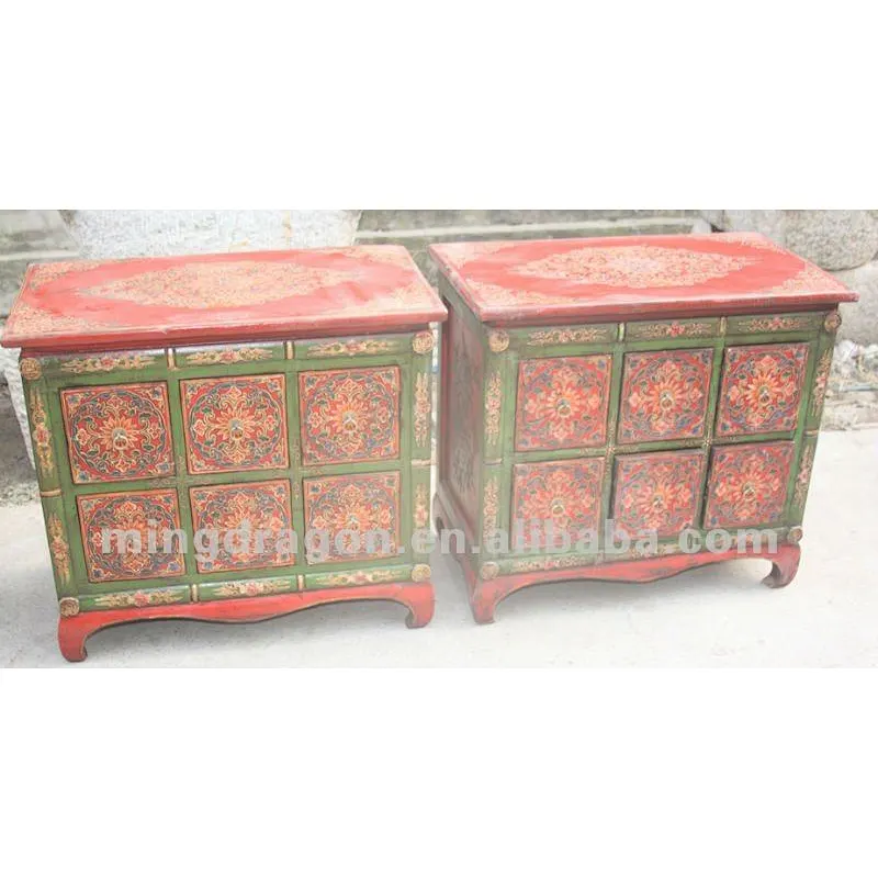 Chinese antique furniture Tibet pine wood six drawer painted cabinet